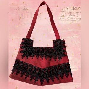 Aarong Red Fabric with Black Beaded Lace Artisan crafted Bag